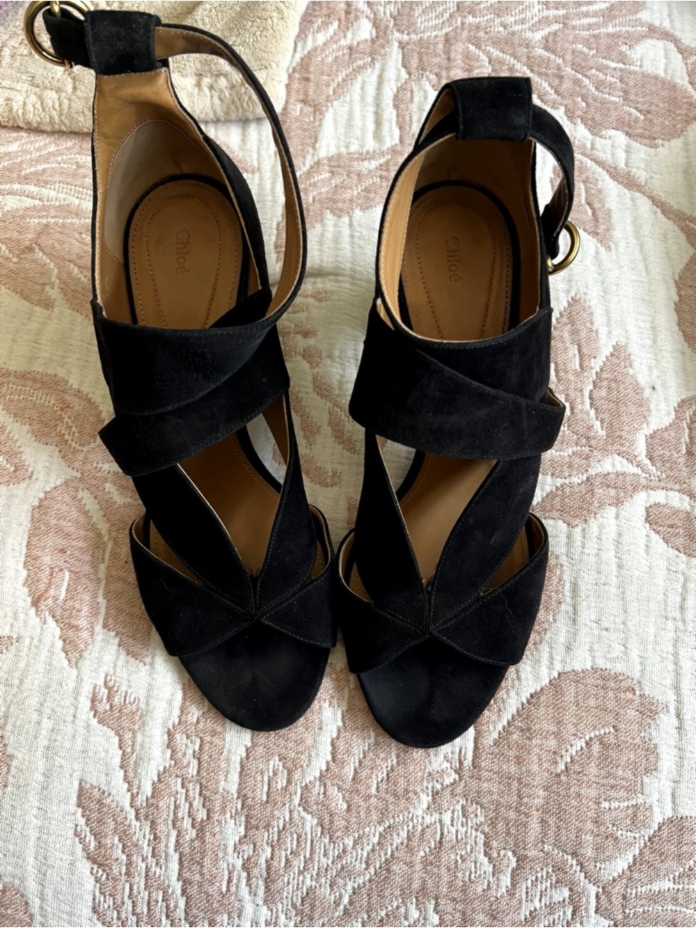 Chloé Black Suede Crisscross Block Heel Sandals Size 40